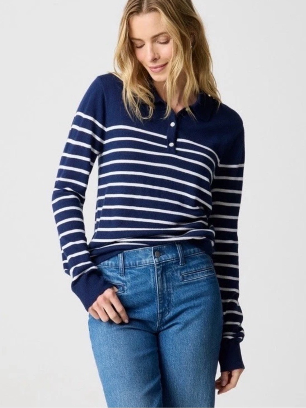 J. Crew Merino Blend Navy and White Striped Polo Sweater Sz Medium